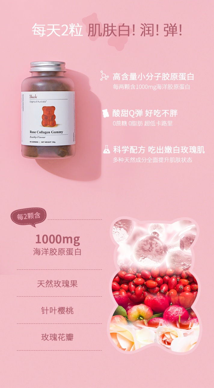 商品[国内直发] Unichi|Unichi玫瑰胶原小熊软糖胶原蛋白美颜功能软糖维C小分子胶原蛋白,价格¥177,第4张图片详细描述