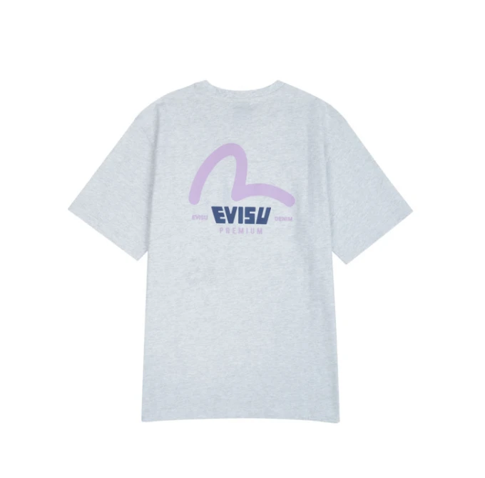 商品Evisu|【享贝家】（国内现货-QD）EVISU 福神 背后大标休闲宽松短袖T恤 男女同款 浅灰色 EU5UTS903MG,价格¥114,第3张图片详细描述