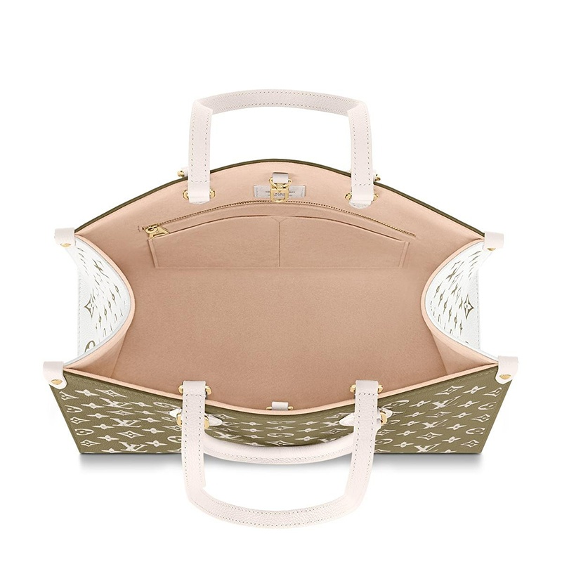 商品Louis Vuitton|预售10天 Louis Vuitton/路易威登 22春夏新款ONTHEGO系列 女士中号卡其绿/米色老花压印牛皮革饰可拆卸吊饰单肩斜挎手提托特包M46060,价格¥26632,第5张图片详细描述