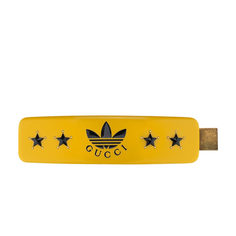 商品Gucci|GUCCI/古驰 22新款阿迪达斯联名系列 女士金色调金属黑色珐琅星星三叶草徽标黄色树脂星星鳄鱼夹发夹,价格¥3768,第2张图片详细描述