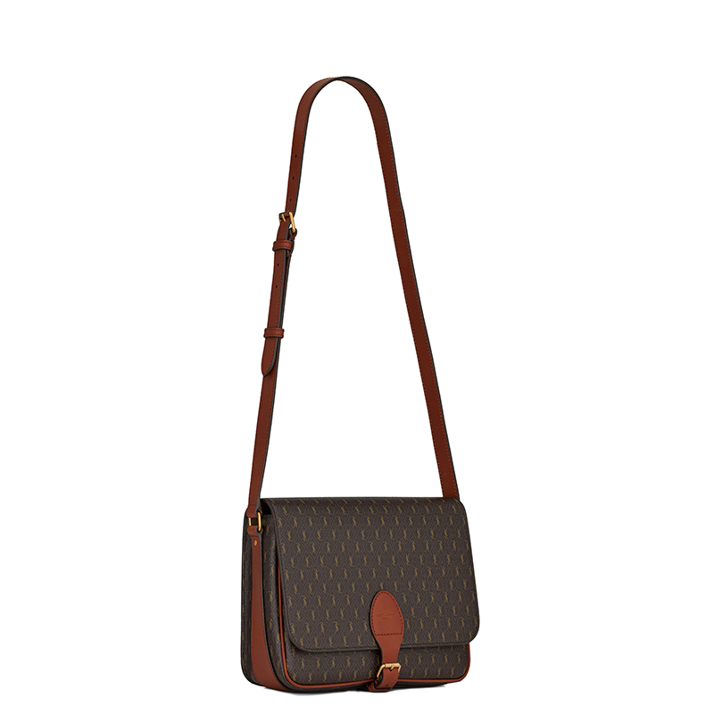 商品Yves Saint Laurent|SAINT LAURENT PARIS/圣罗兰 YSL 22春夏新款MONOGRAMME系列 男士中号板栗色帆布配光滑皮革金扣单肩斜挎邮差包,价�格¥8967,第5张图片详细描述