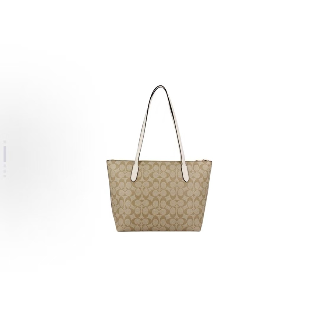 商品[国内直发] Coach|COACH蔻驰 Zip Top Tote 30 老花帆布配皮托特包Tote包购物袋单肩包 大号 女款 白色配棕色老花,价格¥1252,第2张图片详细描述