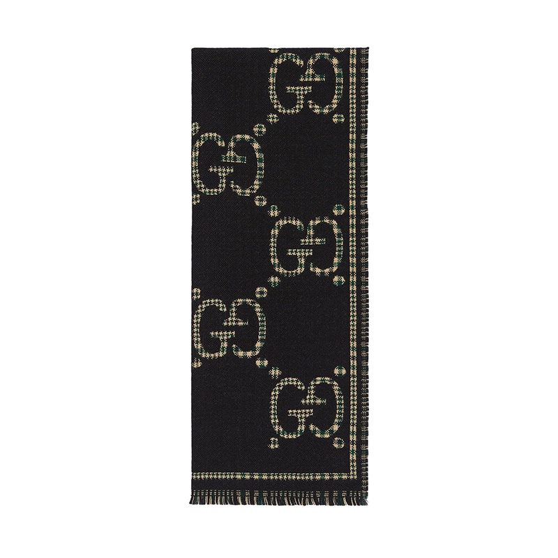 商品Gucci|古驰 男女通用黑色多色羊毛格纹GG印花围巾6600254G3861066,价格¥3348,第2张图片详细描述