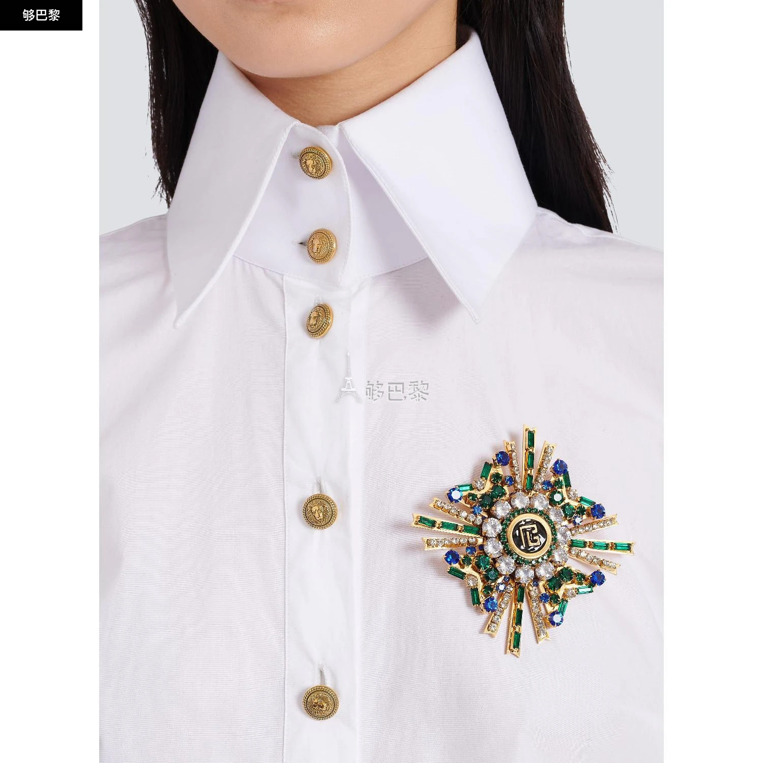 商品Balmain|【预售】 巴尔曼 25春夏 女士 胸针 PB漆面、黄铜和水晶胸针 BN1OT300PB97IFA ,价格¥6024,第5张图片详细描述