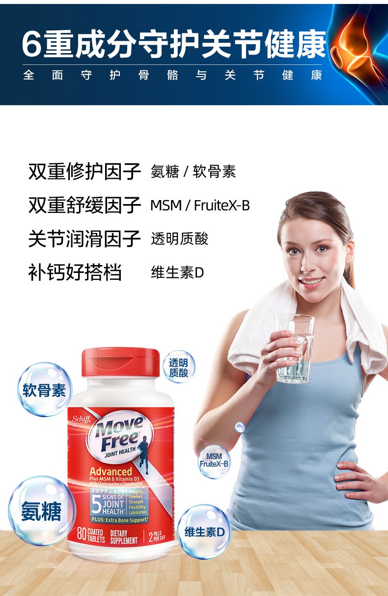 商品Move Free|益节维骨力氨糖软骨素+VD3补钙蓝瓶80粒,价格¥172,第3张图片详细描述