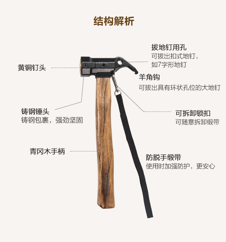 商品[国内直发] MobiGarden|户外露营铜捶子户外野营帐篷轻便榔头锤拔钉器多功能地钉锤,价格¥111,第12张图片详细描述