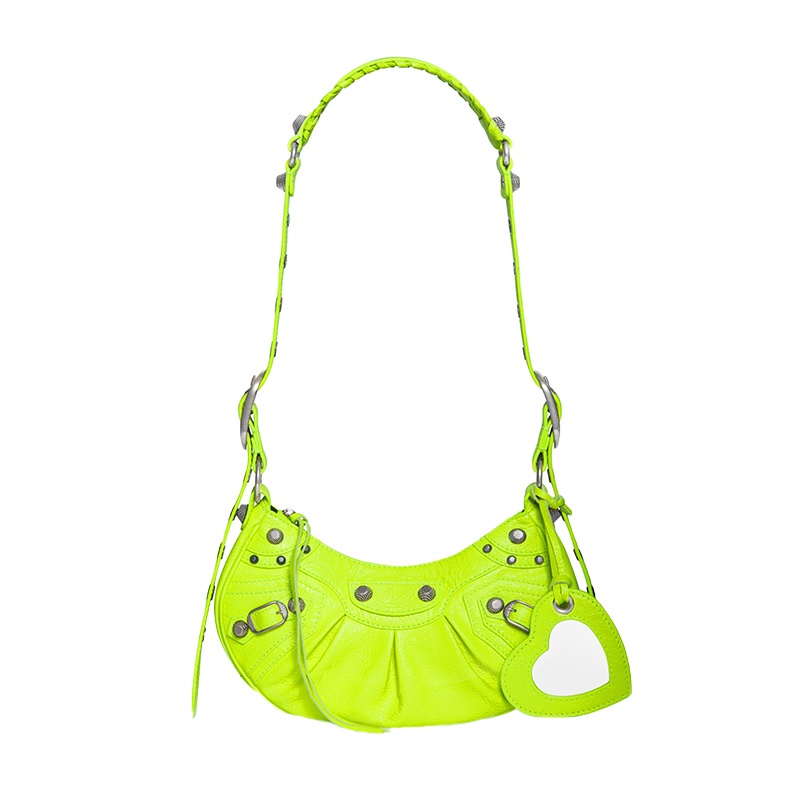商品Balenciaga|Balenciaga/巴黎世家 LE CAGOLE系列 女士超小号荧光绿色牛皮革鳄鱼压纹爱心镜子做旧银扣肩背手提腋下包 6713091VGUY7206,价格¥15605,第2张图片详细描述