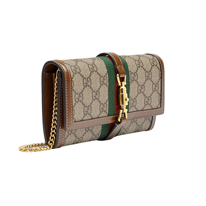 商品Gucci|预售2-2周 GUCCI/古驰 Jackie 1961系列 经典老花帆布搭配棕色皮革饰有金色马衔扣链式钱包 ,价格¥7953,第4张图片详细描述