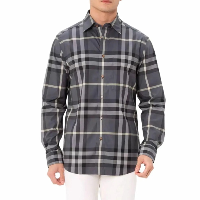 商品Burberry|【现货】博柏利 男士灰色拼色格纹印花单排扣衬衫 80929141（两色可选）,价格¥1459,第9张图片详细描述