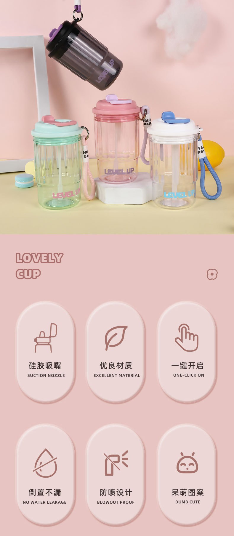 商品[国内直发] GLENVINTEN|格岚云顿新款夏天水杯咖啡杯女生简约高颜值带吸管杯大容量儿童学生饮水瓶简约咖啡杯,价格¥89,第1张图片详细描述