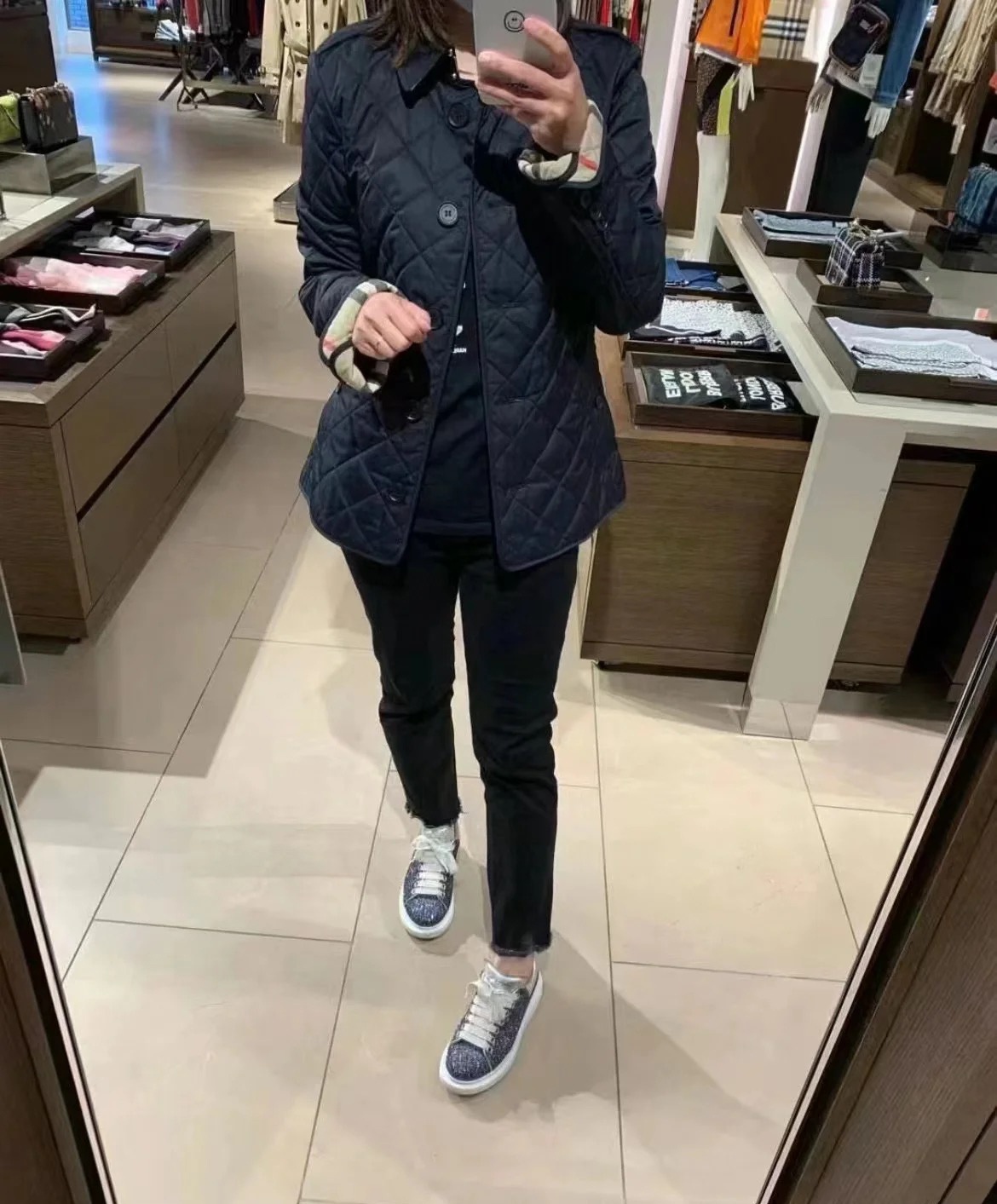 商品Burberry|BURBERRY/博柏利 女士海军蓝色棉质格子提花外套80658741,价格¥3283,第12张图片详细描述