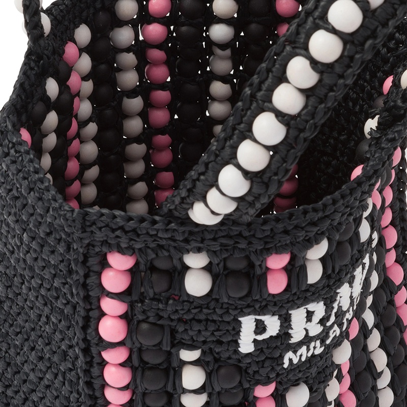 商品Prada|PRADA/普拉达 22新款 女士黑色酒椰纤维搭配彩色木质球串珠单肩手提托特包,价格¥12467,第5张图片详细描述