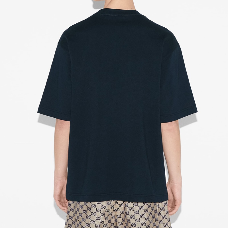 商品Gucci|GUCCI/古驰24新款 男士海军蓝棉质圆领落肩双G印花T恤,价格¥3639,第4张图片详细描述