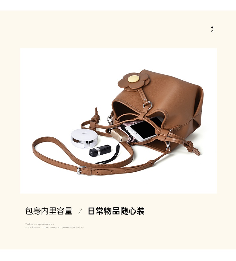 商品[国内直发] GLENVINTEN|格岚云顿2022夏季新款包包女荔枝纹大容量水桶包抽绳花朵单肩斜挎包,价格¥192,第16张图片详细描述