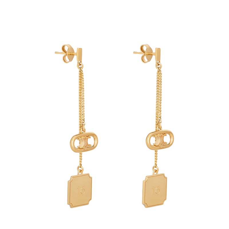 商品Celine|CELINE/赛琳 经典MAILLON TRIOMPHE SIGNATURE系列 金色黄铜方形挂坠耳环,价格¥4876,第3张图片详细描述