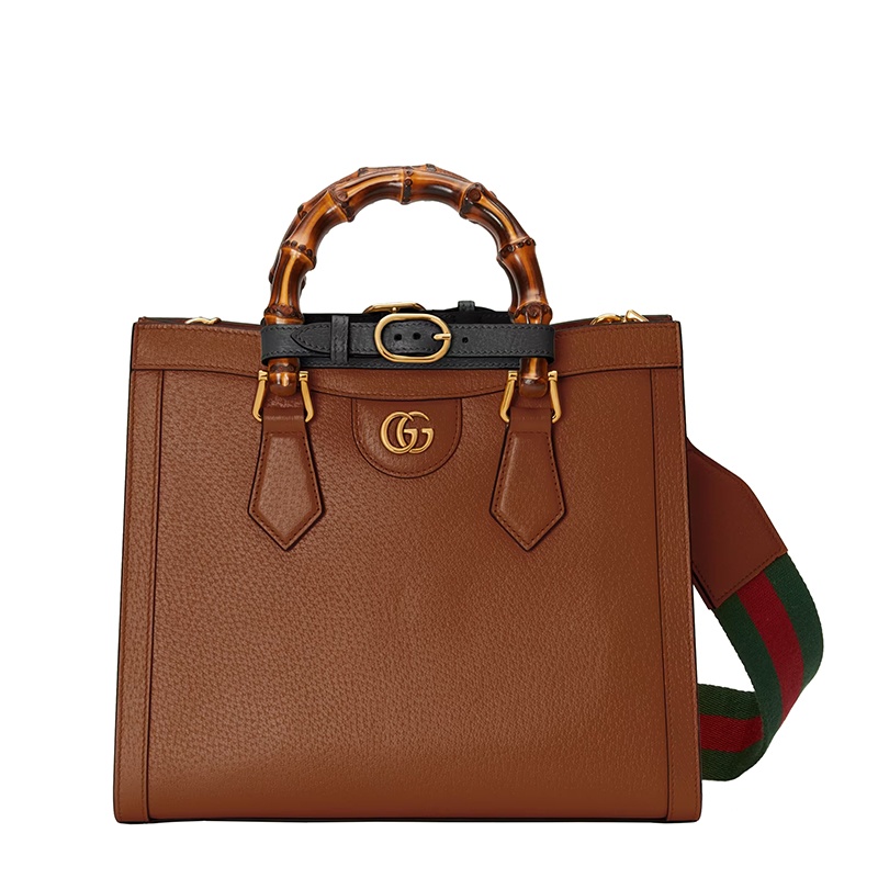 商品Gucci|GUCCI/古驰  Diana系列 女士小号棕色皮革黑色饰带金扣双竹节提手红绿肩带单肩手提托特包702721U3ZDT2185,价格¥25533,第8张图片详细描述