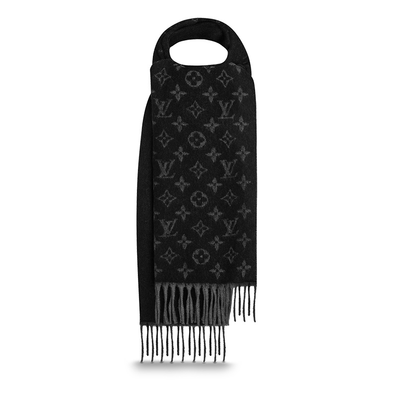 商品Louis Vuitton|Louis Vuitton/路易威登 MONOGRAM系列 男士黑色羊绒羊毛混纺流苏logo图案围巾M71607,价格¥4457,第2张图片详细描述