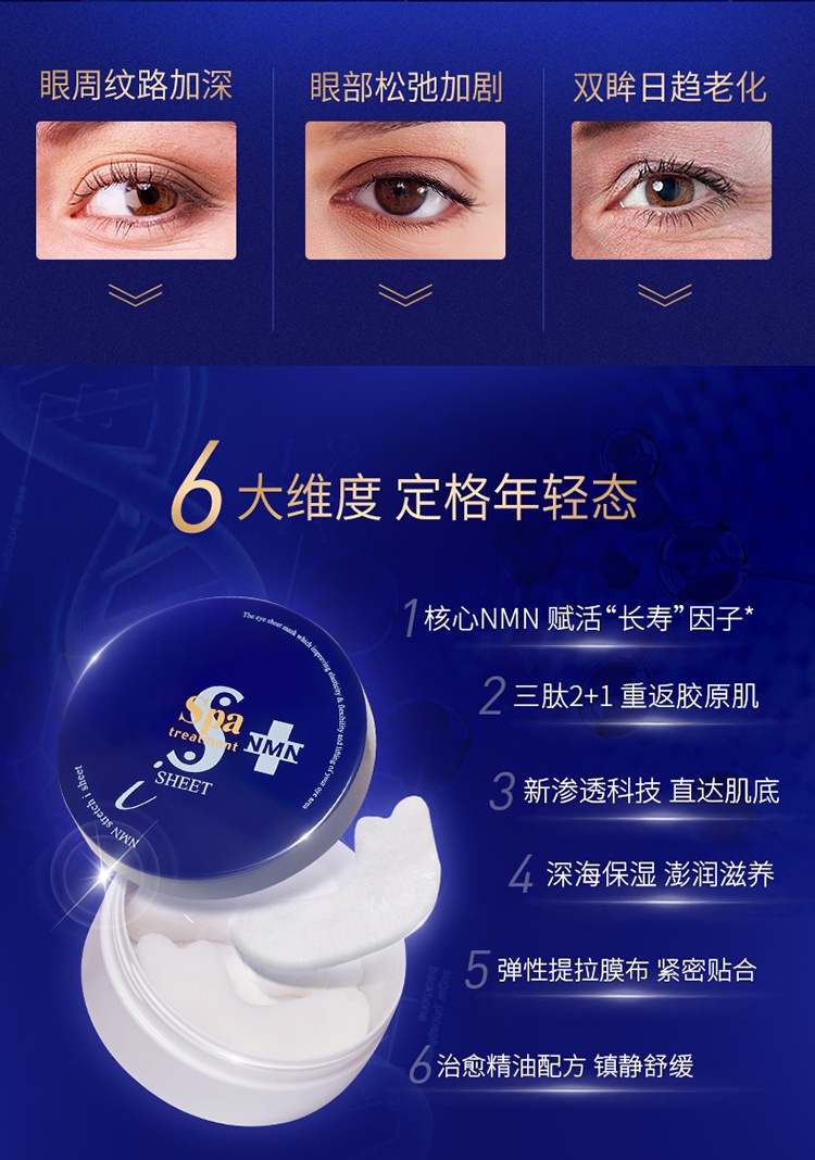 商品[国内直发] Spa treatment|NMN时光逆龄蛇毒蓝眼膜深层淡纹黑眼圈60枚,价格¥356,第2张图片详细描述