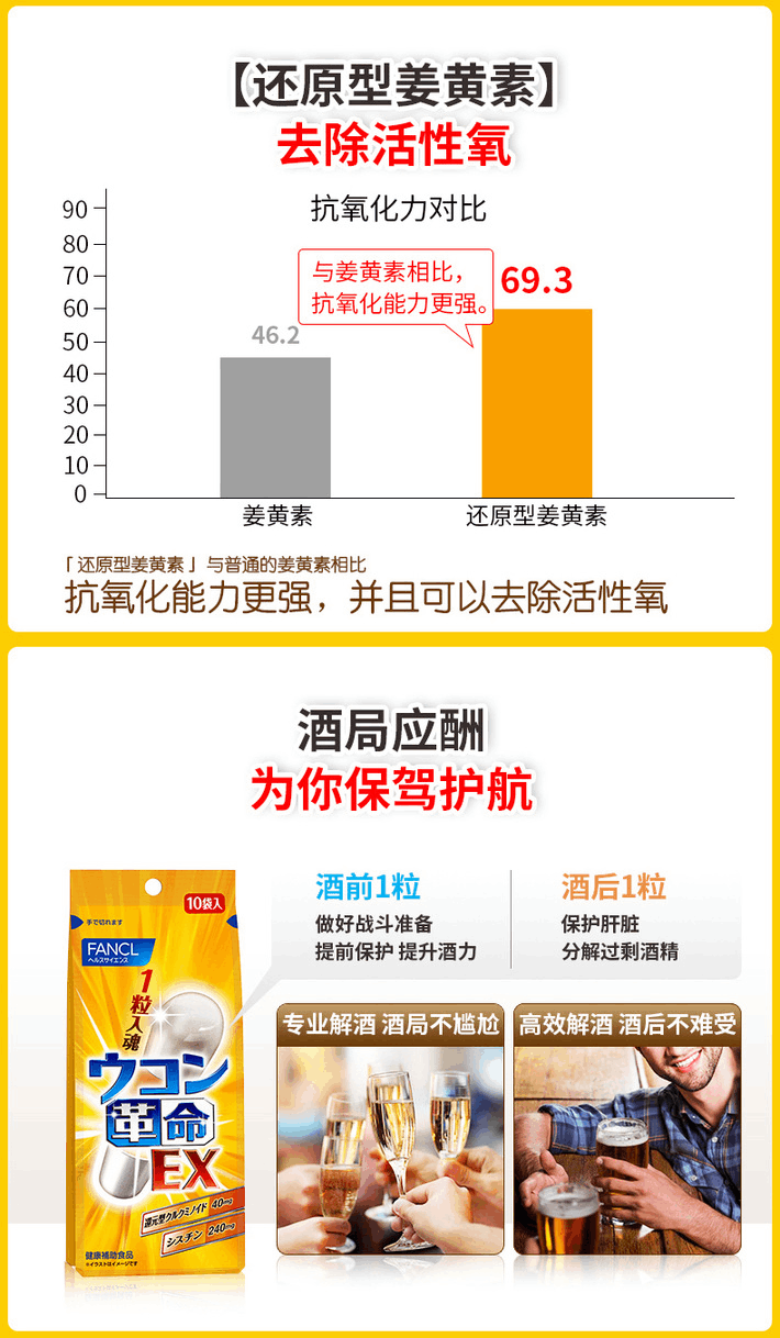 商品FANCL|【国内现货】FANCL 芳珂 新款解酒丸 强力姜黄EX 10袋 养肝护肝 效期23年10月,价格¥148,第4张图片详细描述