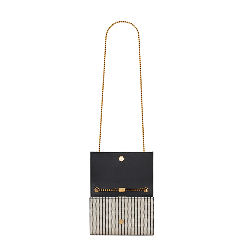 商品Yves Saint Laurent|SAINT LAURENT PARIS/圣罗兰 YSL 22��春夏新款KATE系列 女士小号奶油色/黑色条纹帆布配皮金扣金链单肩斜挎链条包469390FAACG9583,价格¥10241,第5张图片详细描述
