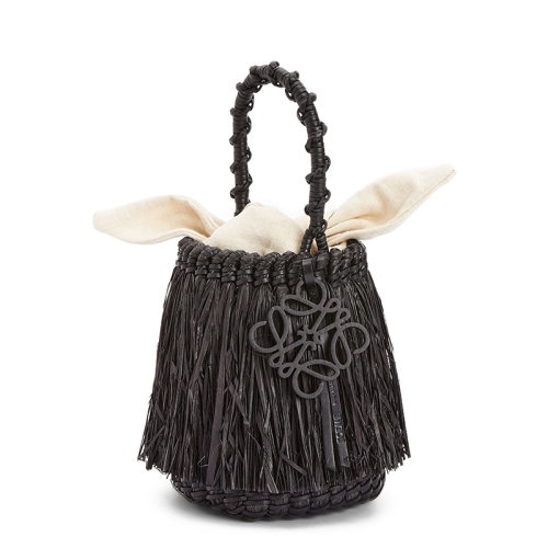 商品Loewe|【包税】LOEWE/罗意威 22新款Frayed Bucket系列 女士小号黑色编织物配皮饰黑色徽标吊饰白色帆布内袋单肩手提水桶包A329C19X04-1100,价格¥7910,第2张图片详细描述
