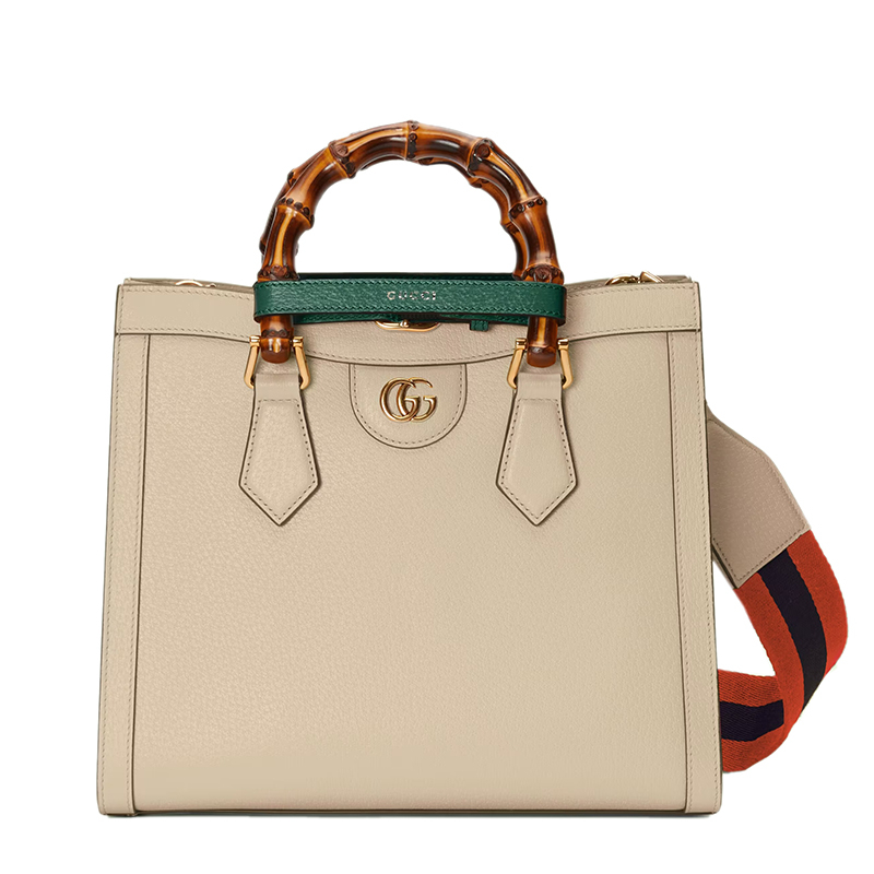 商品Gucci|【包税】GUCCI/古驰 Diana系列 女士小号米白色皮革竹子提手金扣配可拆卸条纹织物配皮肩带单肩斜跨手提托特包702721U3ZDT9982,价格¥25966,第7张图片详细描述