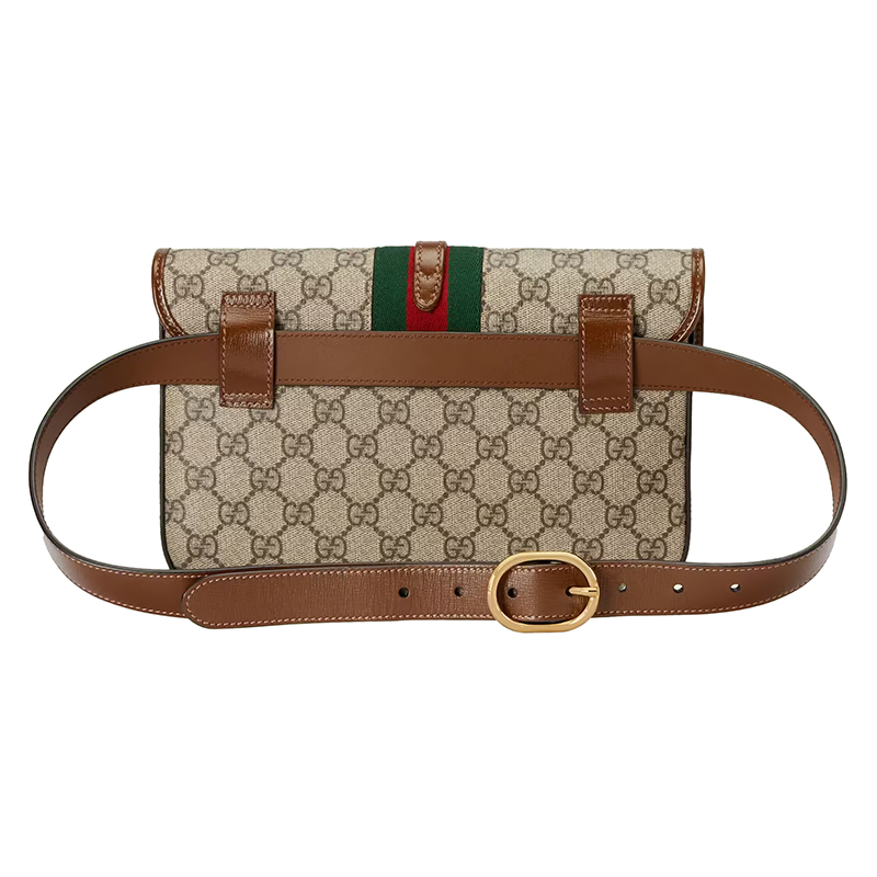 商品Prada|GUCCI/古驰 22新款 Jackie 1961系列 女士米色/乌木色老花帆布棕色皮革绿红色条纹金色饰面翻盖腰包699930HUHHG8565,价格¥15481,第4张图片详细描述