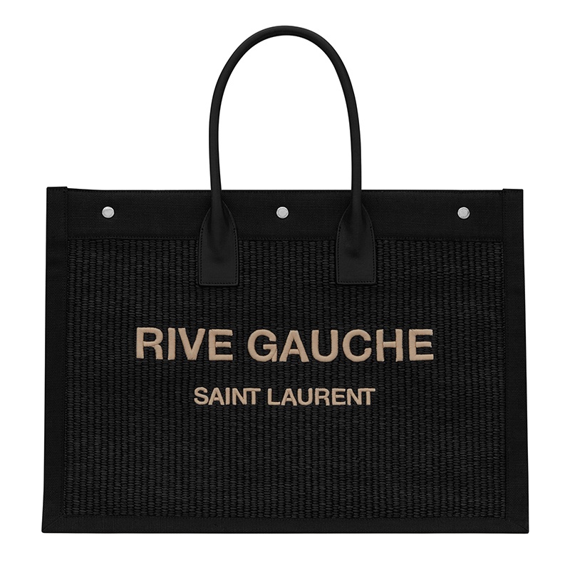 商品Yves Saint Laurent|SAINT LAURENT PARIS/圣罗兰 YSL RIVE GAUCHE系列 男女通用大号黑色刺绣拉菲草三个ysl印花暗扣手提斜挎单肩包5094152M21E1050,价格¥12766,第2张图片详细描述