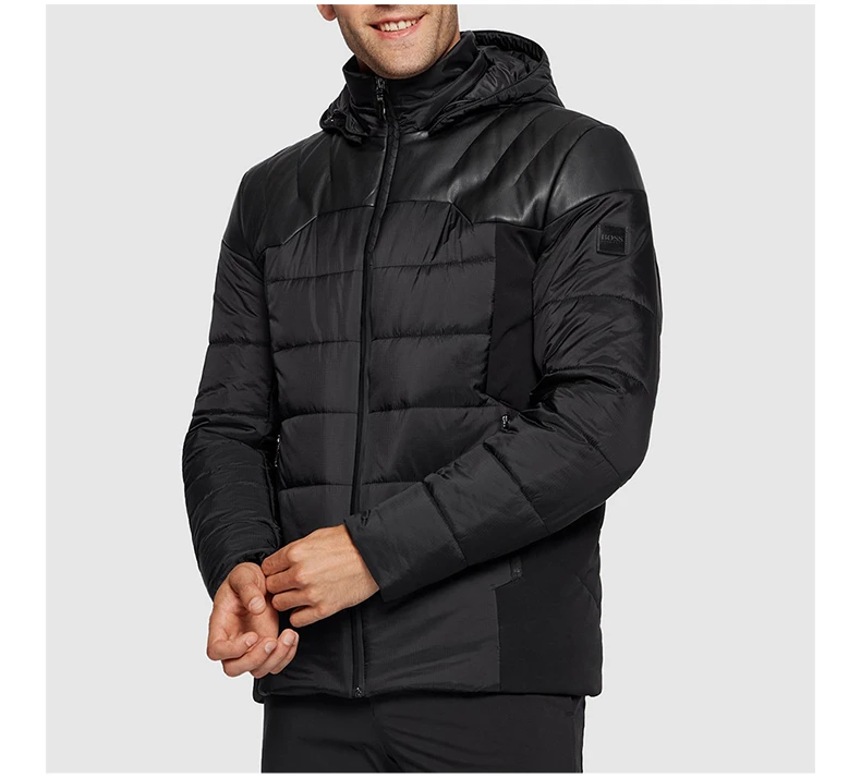 商品Hugo Boss|BOSS BLACK 男士黑色绗缝饰肩部饰有光滑超纤维连帽二合一棉服夹克 JWillem-50460069-001,价格¥3210,第5张图片详细描述