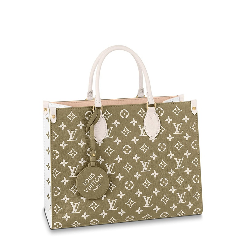 商品Louis Vuitton|预售10天 Louis Vuitton/路易威登 22春夏新款ONTHEGO系列 女士中号卡其绿/米色老花压印牛皮革饰可拆卸吊饰单肩斜挎手提托特包M46060,价格¥26632,第2张图片详细描述
