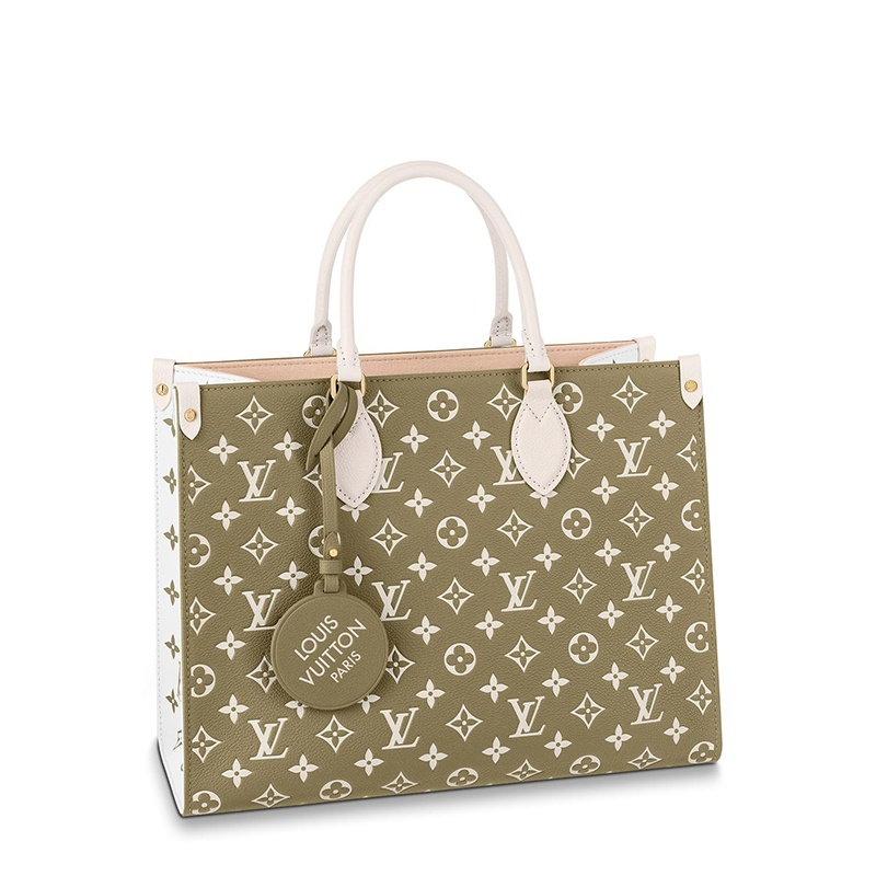 商品Louis Vuitton|预售10天 Louis Vuitton/路易威登 22春夏新款ONTHEGO系列 女士中号卡其绿/米色老花压印牛皮革饰可拆卸吊饰单肩斜挎手提托特包M46060,价格¥26926,第2张图片详细描述