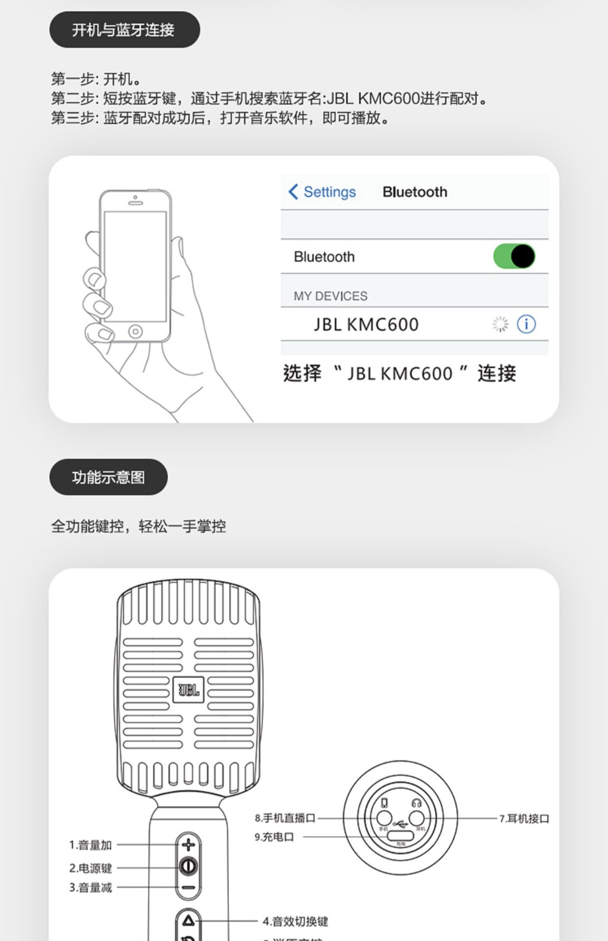 商品[国内直发] JBL|KMC600手持无线蓝牙麦克风话简音箱一体机家用全民K歌唱歌麦,价格¥431,第32张图片详细描述