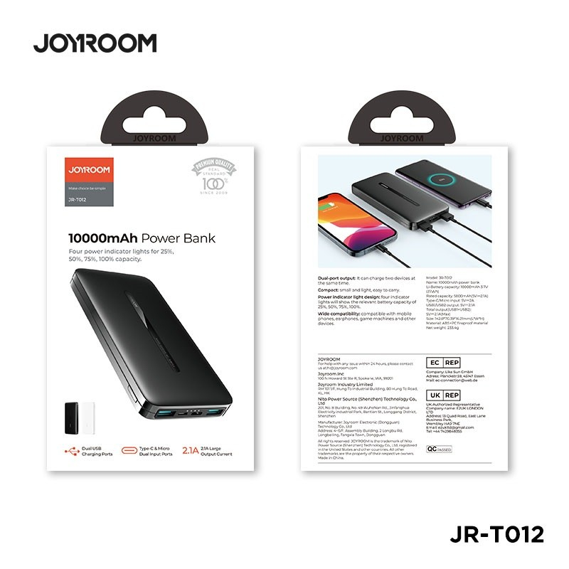 商品[国内直发] JOYROOM|机乐堂 JR-T012移动电源10000毫安时苹果安卓type-c接口2A快充双USB输出便携充电宝 黑色,价格¥177,第9张图片详细描述