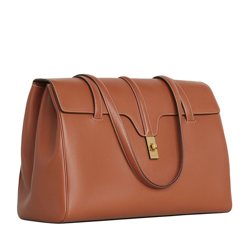 商品Celine|CELINE/赛琳 经典SOFT 16系列 女士大号棕褐色光滑小牛皮金扣单肩手提包,价格¥21550,第5张图片详细描述