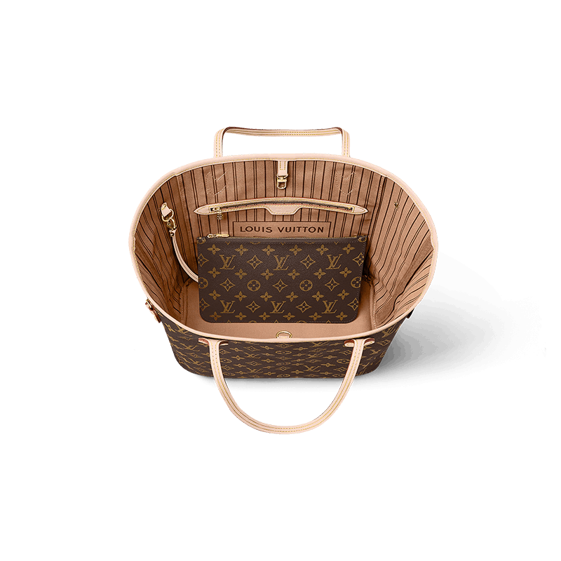 商品Louis Vuitton|【现货】路易威登 23春夏 Neverfull女士中号浅褐色帆布配皮金色金属饰面手提包 M40995,价格¥13803,第3张图片详细描述