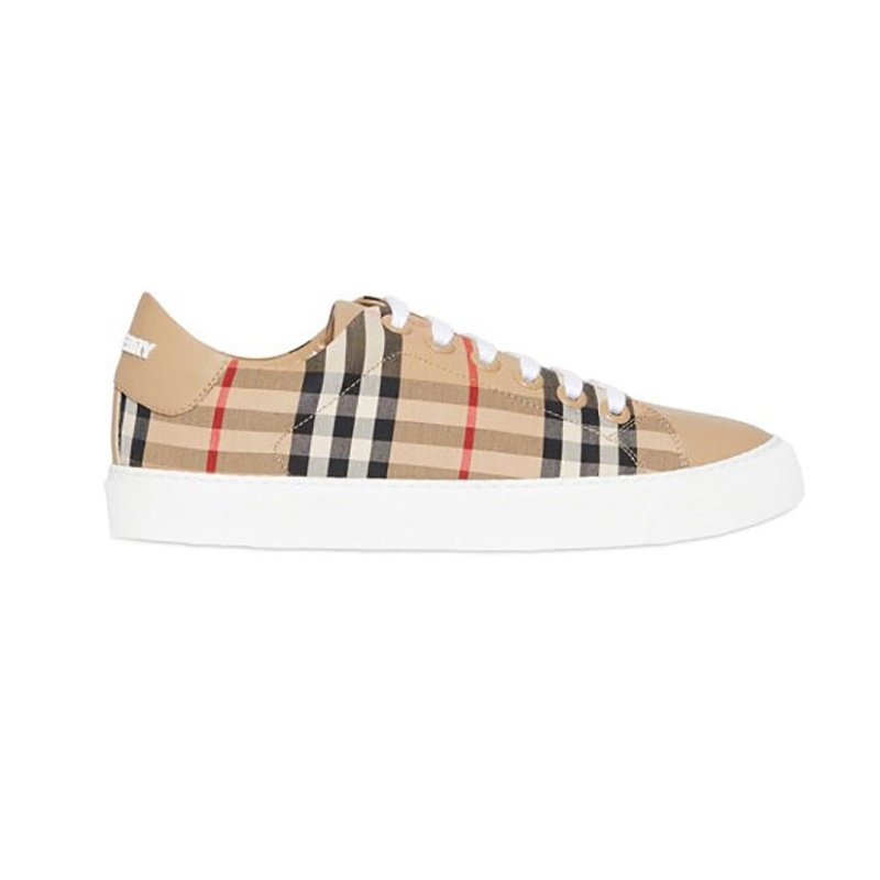 商品Burberry|【现货】博柏利 女士米黄色棉质皮革经典格纹休闲运动鞋80172491,价格¥2171,第4张图片详细描述