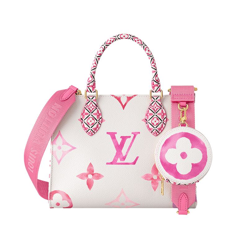 商品Louis Vuitton|【预售十天】路易威登 23新款 OnTheGo女士小号奶油白色/玫瑰粉色交织字母帆布花卉印花托特包 M22976,价格¥22684,第2张图片详细描述
