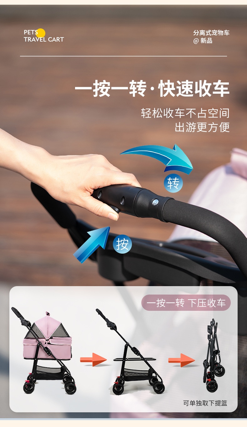 商品[国内直发] GLENVINTEN|宠物猫狗推车轻便可折叠手推车外出小型宠物推车餐盘宠物车,价格¥479,第3张图片详细描述