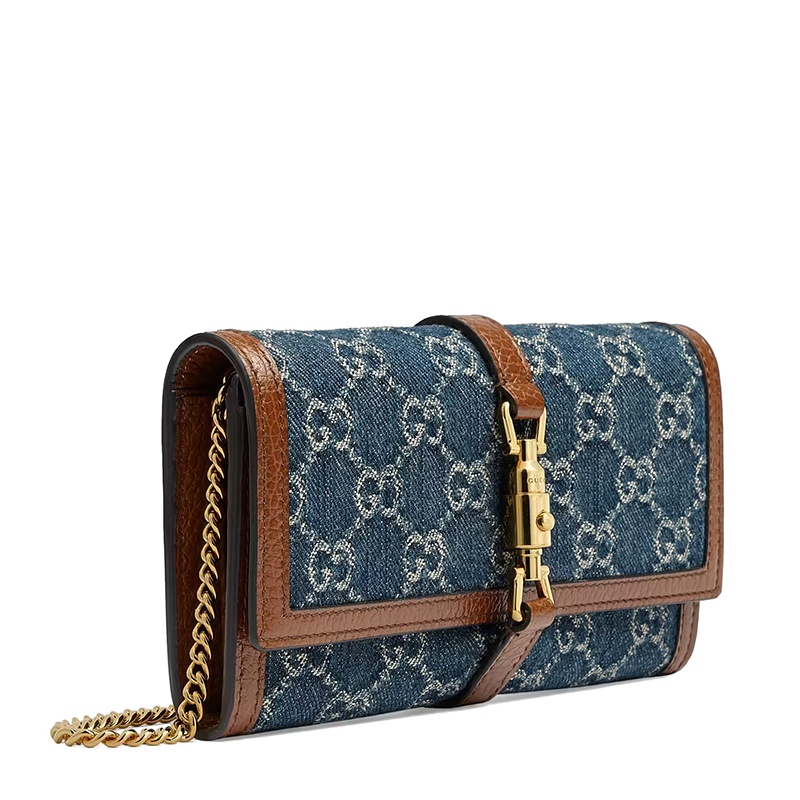 商品Gucci|GUCCI/古驰 经典款Jackie 1961系列 女士蓝色/米色双G提花牛仔布棕色小牛皮金扣链条长款钱包6526812KQGG8375,价格¥7310,第2张图片详细描述