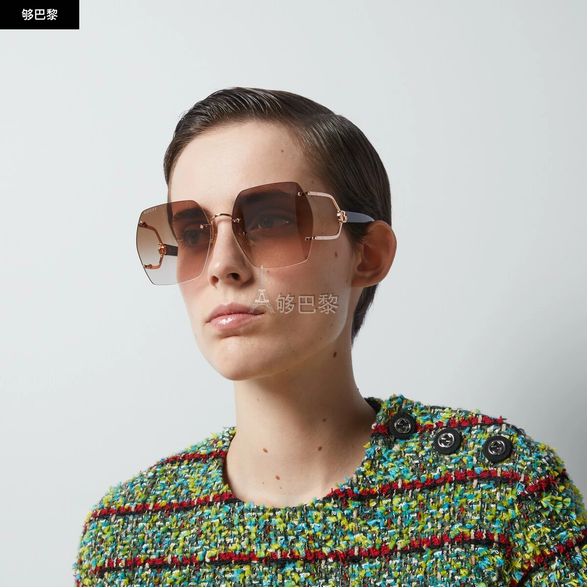 商品Gucci|【预售】 古驰 24秋冬 女士 太阳眼镜 几何造型镜框太阳眼镜 778291 I3330 8023,价格¥4747,第4张图片详细描述