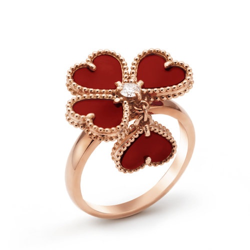 商品Van Cleef & Arpels| Van Cleef & Arpels/梵克雅宝  18K金玫瑰金镶红玉髓桃心四叶草吊坠戒指/指环  VCARN5P600,价格¥41271,第3张图片详细描述