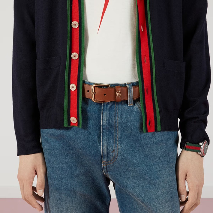 商品Gucci|GUCCI古驰 23新款 男士棕色皮革金色方扣腰带25毫米,价格¥3014,第5张图片详细描述