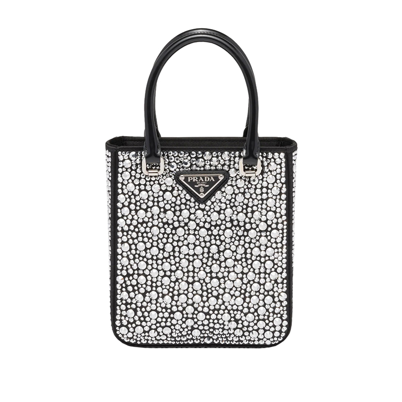 商品Prada|PRADA/普拉达 22新款 女士黑色水晶缎面皮革手柄拆卸调节肩带珐琅徽标手提单肩斜挎包1BA331_2AWL_F063R_V_OOO,价格¥22661,第6张图片详细描述