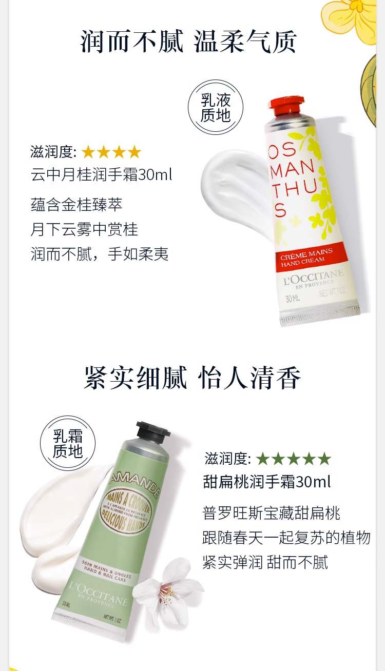 商品[国内直发] L'Occitane|法国欧舒丹护手霜10ml乳液质地经典乳木果甜蜜樱花星河夜樱沐浴露泡沫绵密,价格¥33,第4张图片详细描述