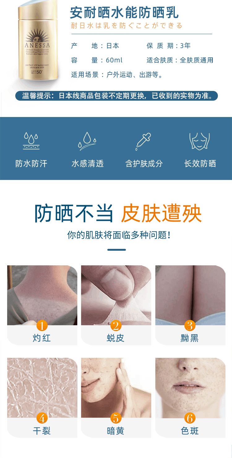 商品ANESSA|资生堂  ANESSA  安热沙安耐晒小金瓶防晒霜60ml,价格¥157,第3张图片详细描述