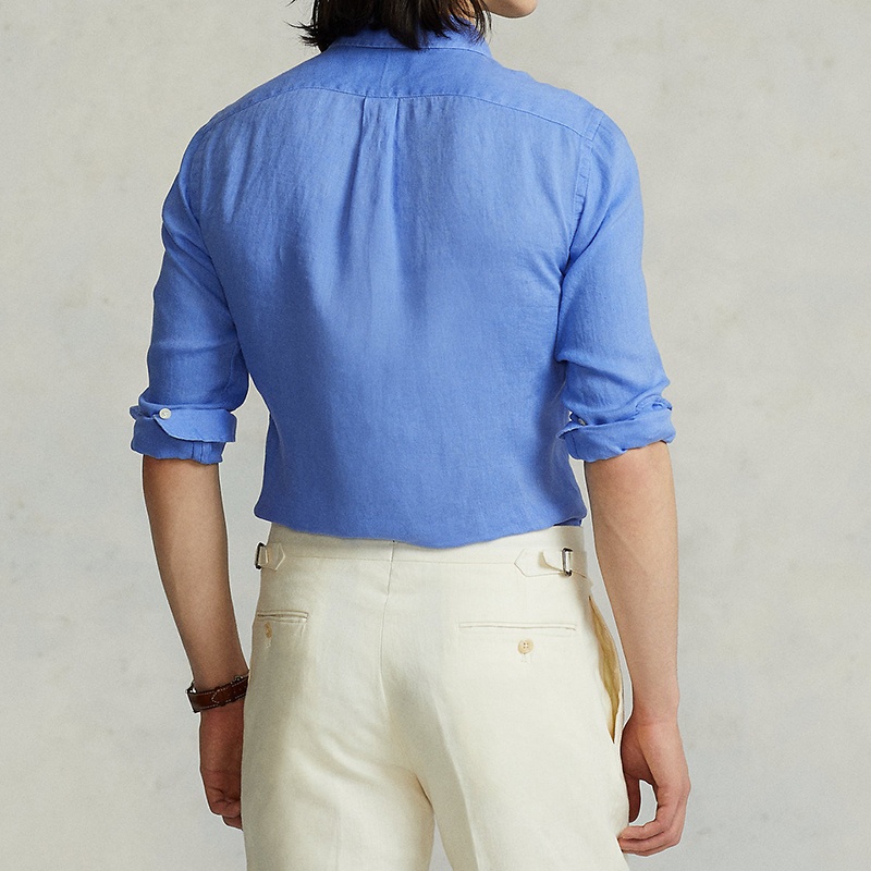 商品Ralph Lauren|拉夫劳伦 男士蓝色亚麻饰有刺绣LOGO图案尖领长袖衬衫,价格¥1455,第3张图片详细描述