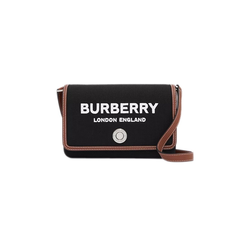 商品Burberry|博柏丽 23新款 女士迷你黑色/棕褐色帆布配皮调节斜背带翻盖磁扣开合单肩斜挎包,价格¥7249,第2张图片详细描述