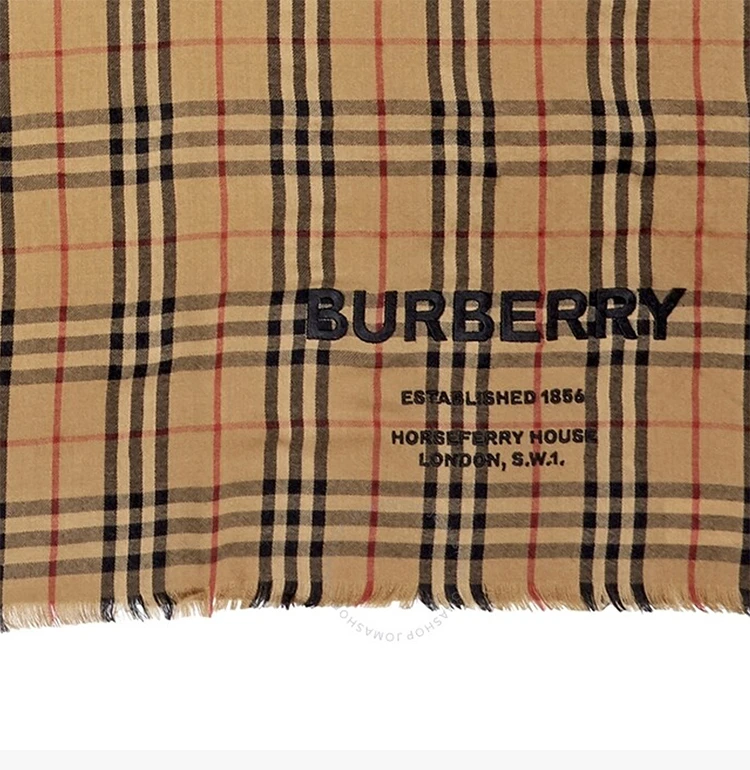 商品Burberry|Burberry 博柏利 女士格纹轻盈刺绣�羊绒围巾 8009159,价格¥3681,第6张图片详细描述