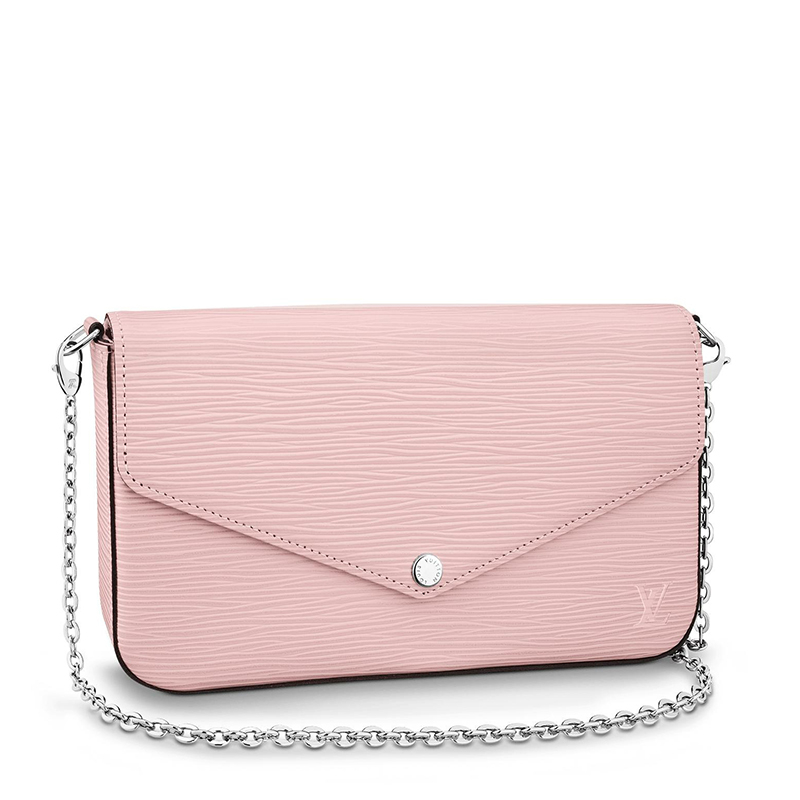 商品Louis Vuitton|预售十天 Louis Vuitton/路易威登 22春夏新款FÉLICIE系列 女士芭蕾粉水波纹牛皮革徽标印花银扣银链配可拆卸贴袋翻盖开合单肩斜挎手拿链条信封包M62467,价格¥11611,第2张图片详细描述