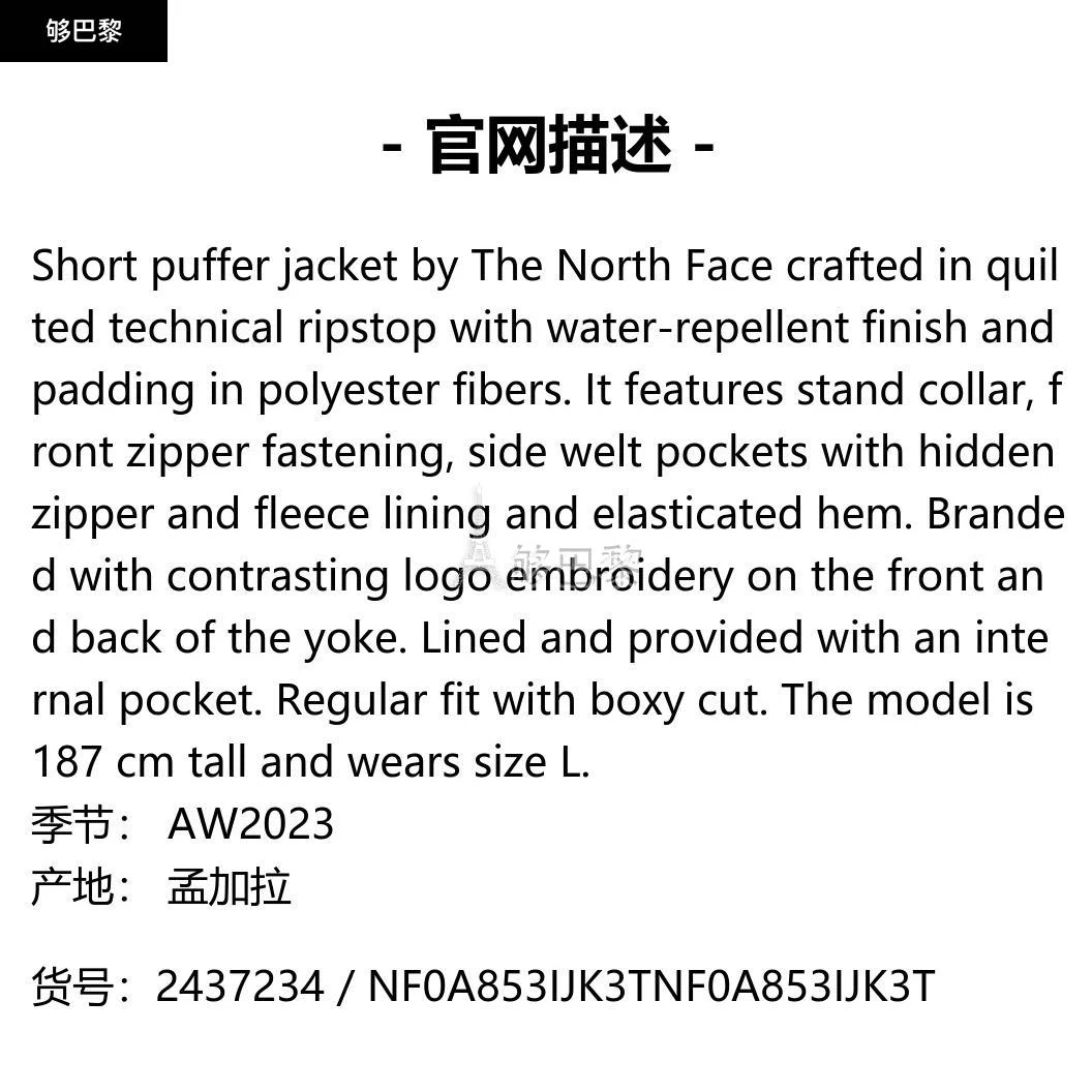 商品The North Face|【特惠7.6折】包邮包税【预售7天发货】 THE NORTH FACE 2023秋冬 男士 羽绒服 羽绒服 2437234 NF0A853IJK3T ,价格¥2072,第2张图片详细描述